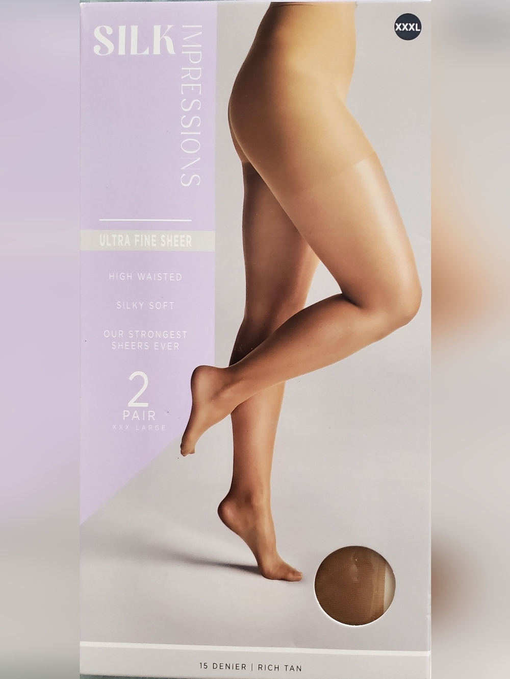 Silk Impressions Sheer High Waisted Pantyhose 2 Pack Size 3XL Rich Tan 15 Denier